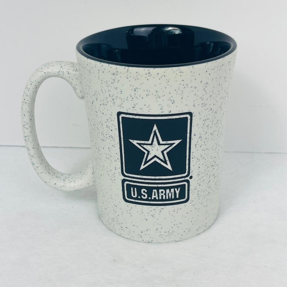US Army Coffee Mug Speckled White Black Ceramic Tea Cup Military Star Logo